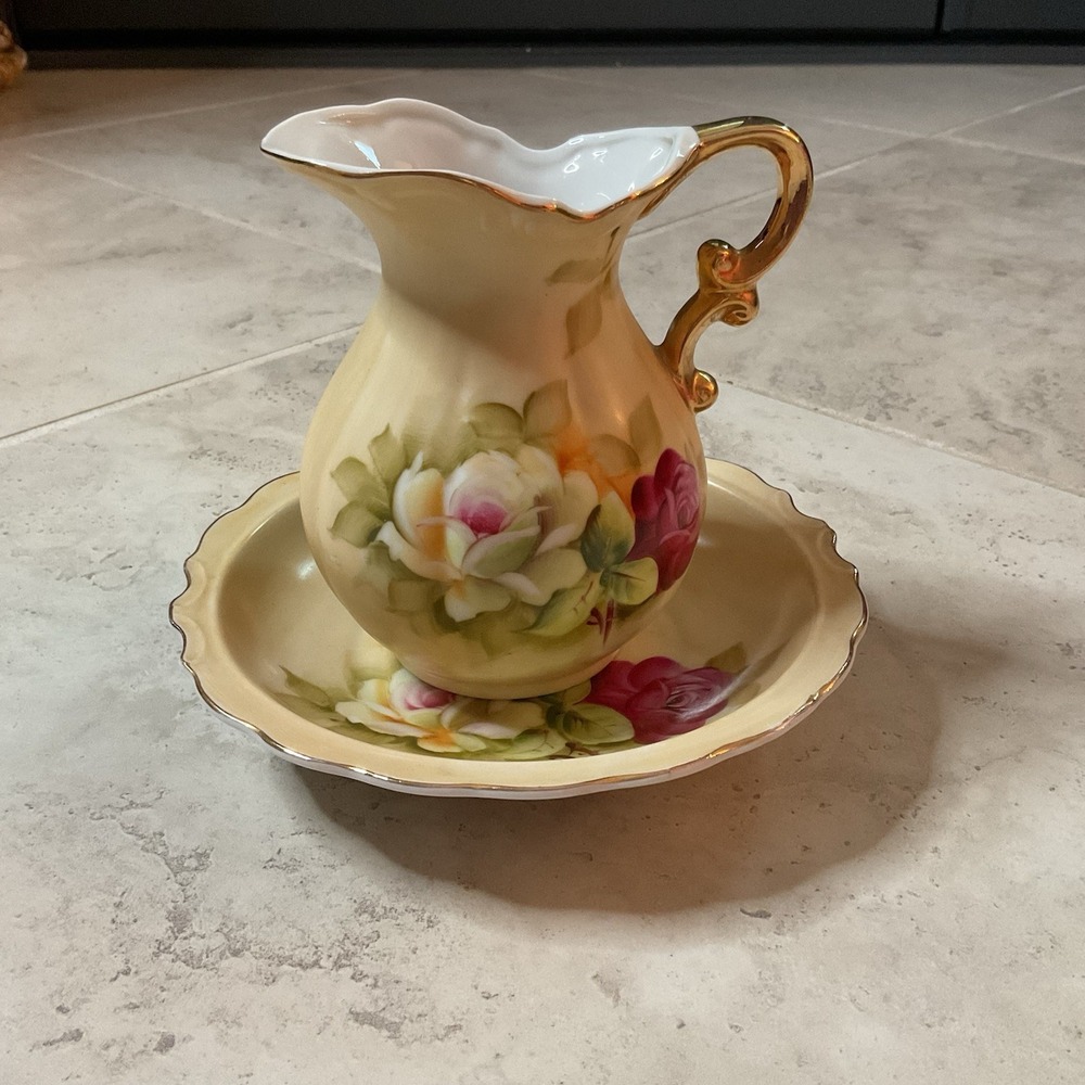 Vintage Lefton Pitcher & Bowl Heritage Rose, Pink Roses Hand Painted #1873 Japan